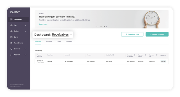 CardUp platform – Receivables dashboard