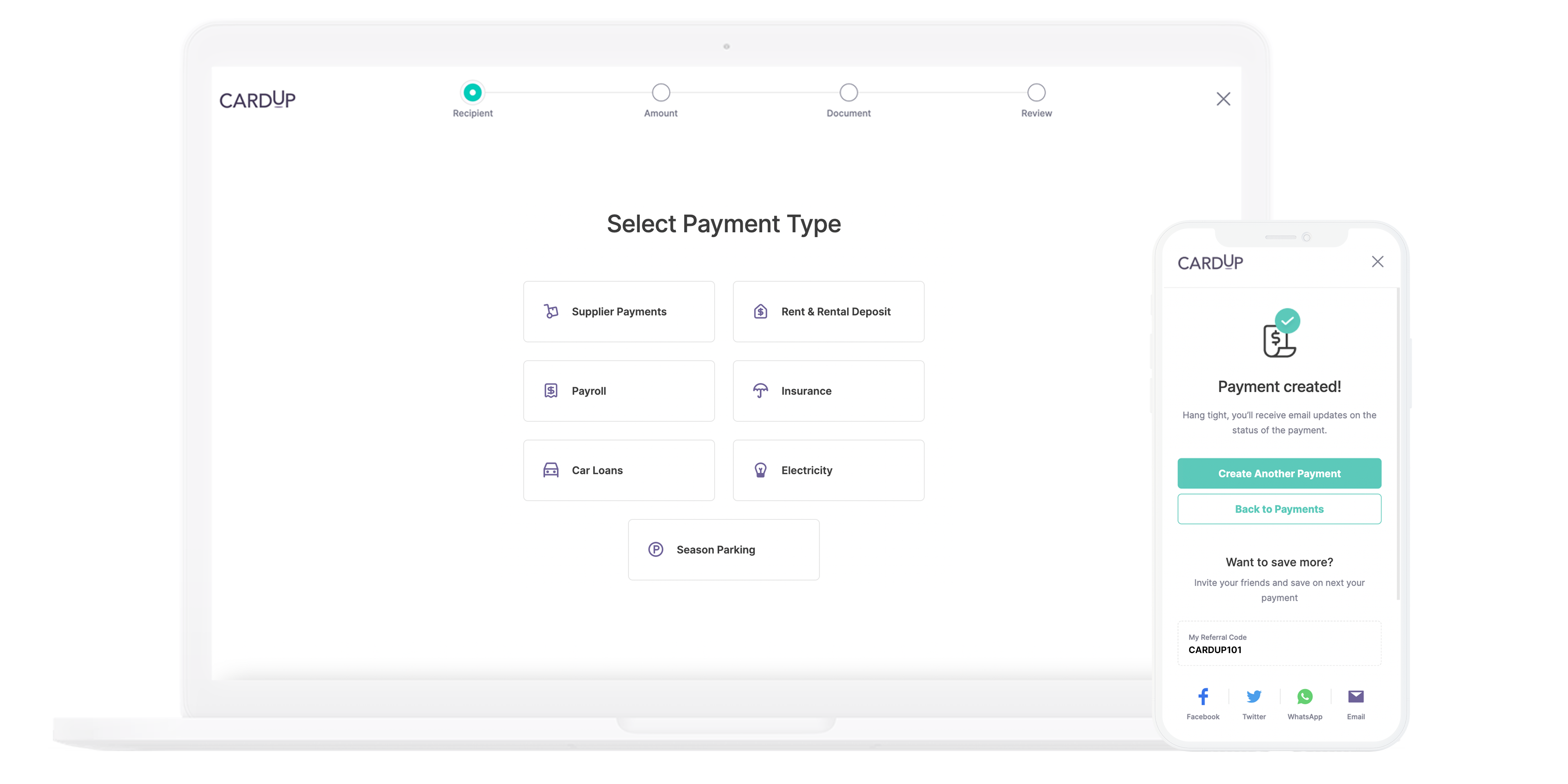 Pay via CardUp's platform easily from your laptop or mobile
