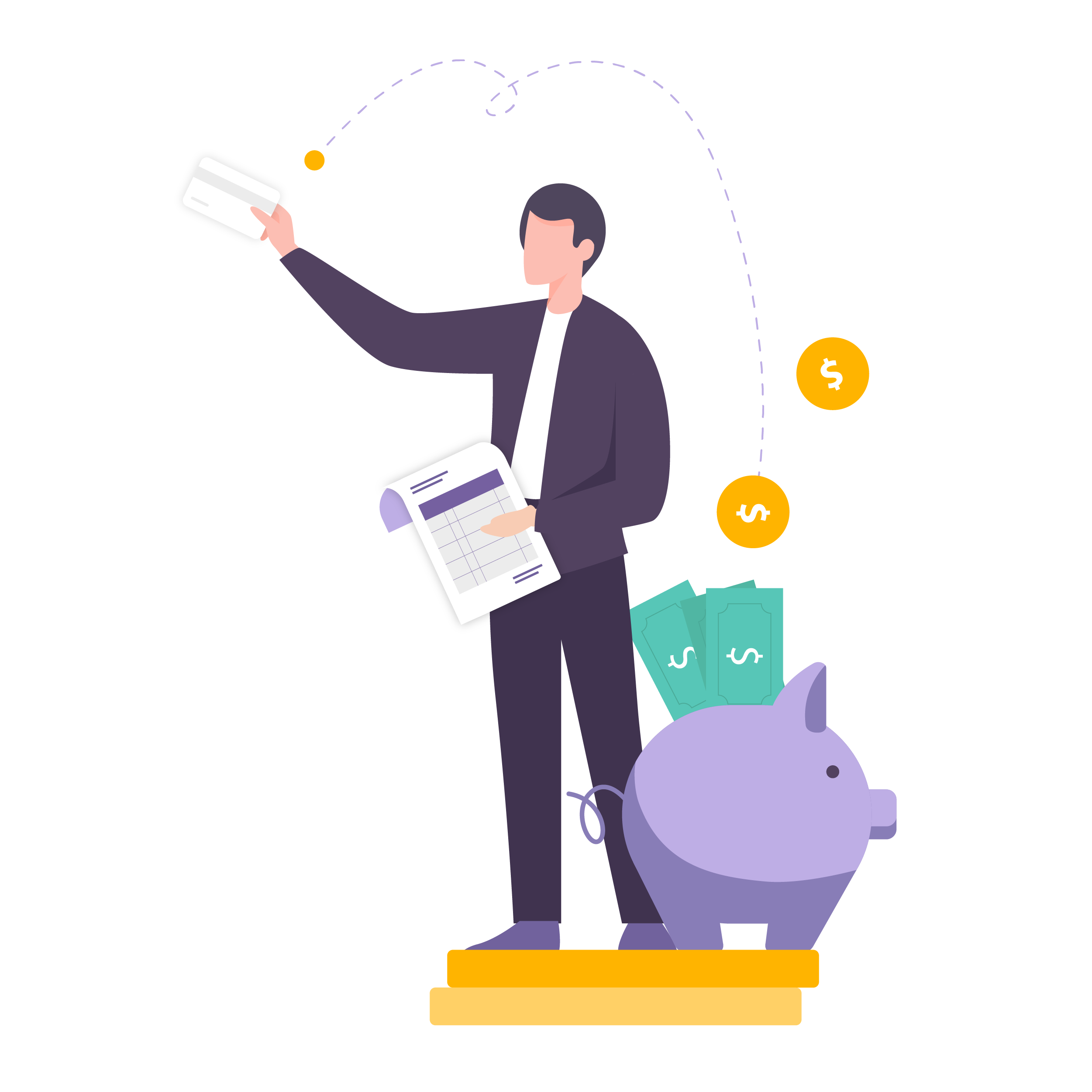 Illustration of man holding invoice, with credit card helping to generate more cash into bank